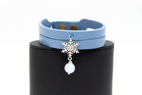 دستبند چرم و نقره طرح دانه برف و سنگ آکوامارین کد SL014